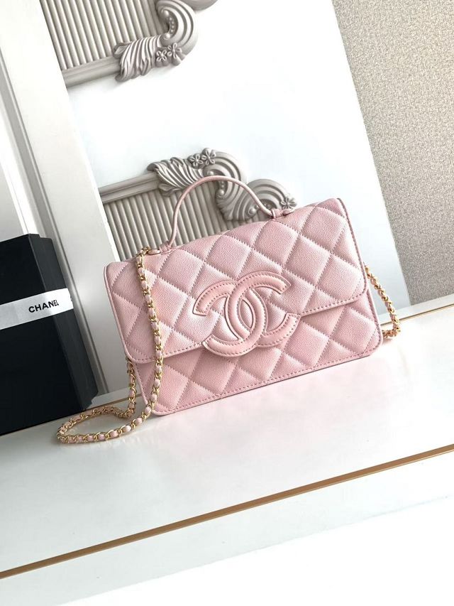 CC grained calfskin wallet on chain AP6554 pink