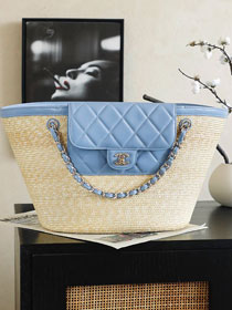 CC straw large tote bag AS5952 beige&blue