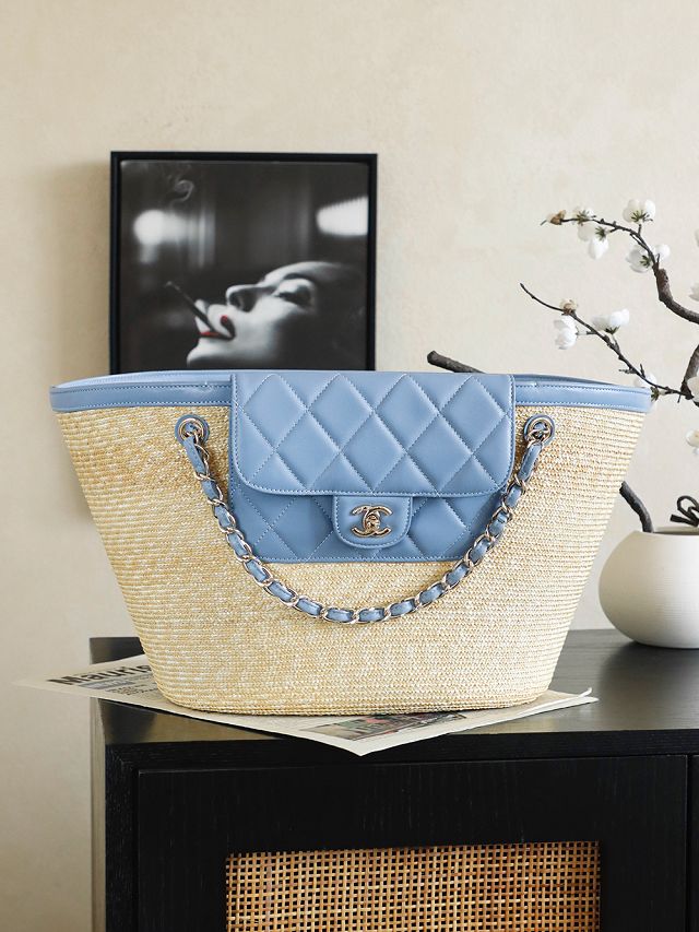 CC straw large tote bag AS5952 beige&blue