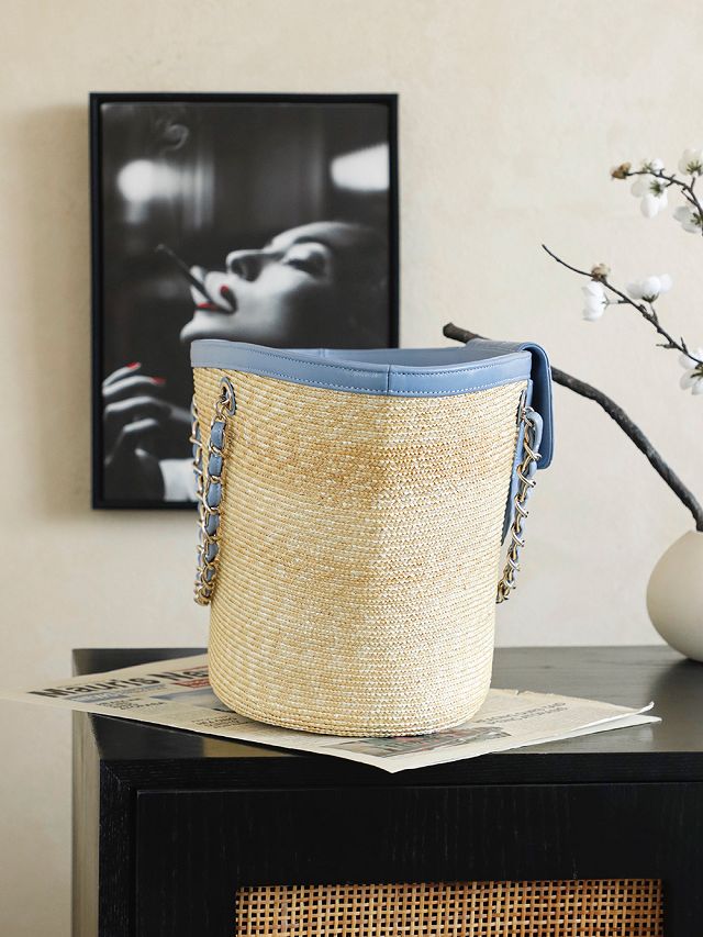 CC straw large tote bag AS5952 beige&blue