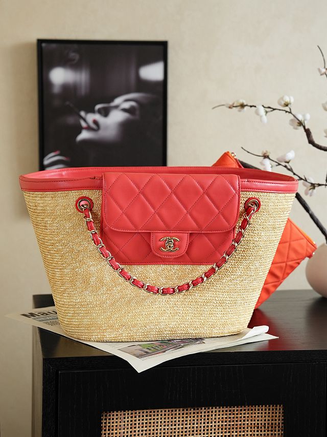 CC straw large tote bag AS5952 beige&red