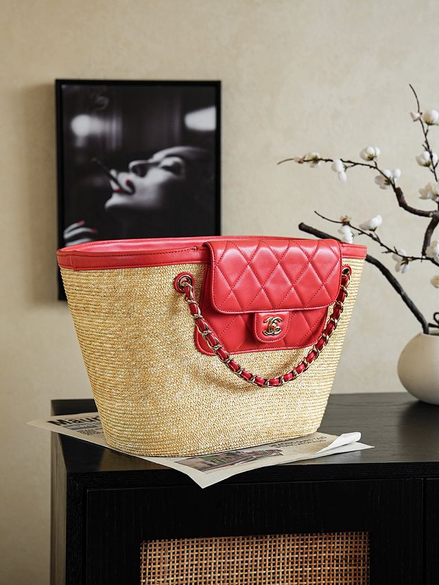 CC straw large tote bag AS5952 beige&red