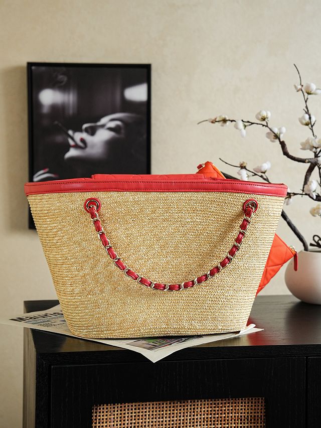CC straw large tote bag AS5952 beige&red