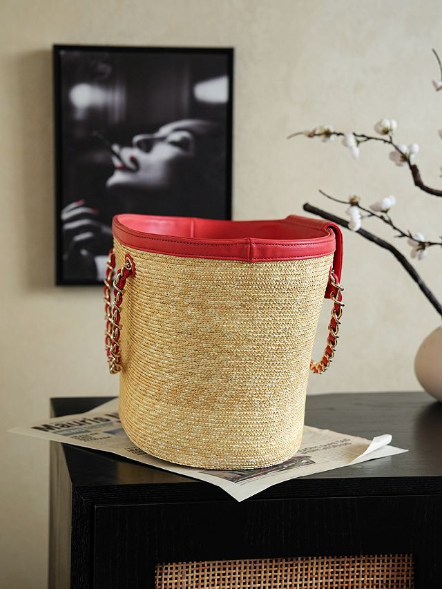 CC straw large tote bag AS5952 beige&red