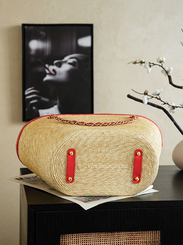 CC straw large tote bag AS5952 beige&red