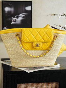 CC straw large tote bag AS5952 beige&yellow