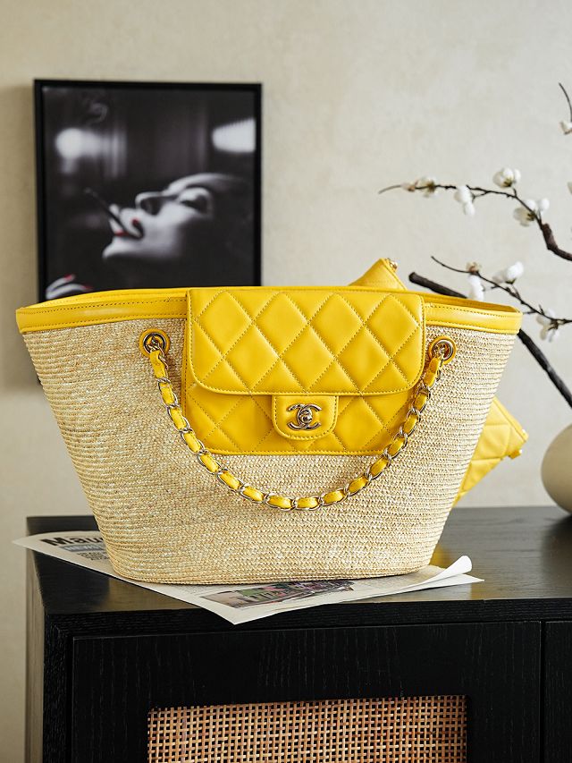 CC straw large tote bag AS5952 beige&yellow