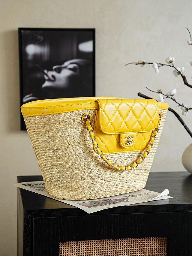 CC straw large tote bag AS5952 beige&yellow