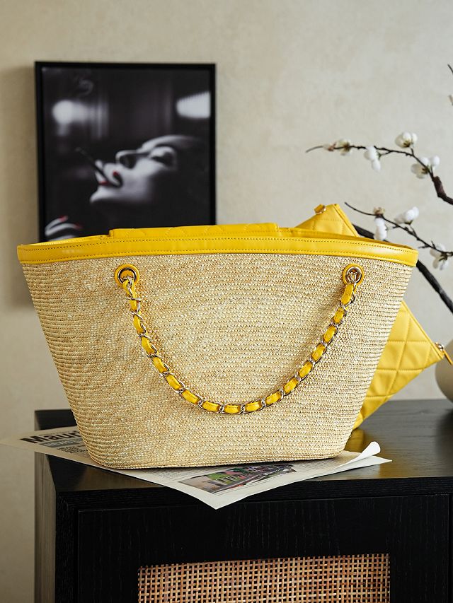 CC straw large tote bag AS5952 beige&yellow