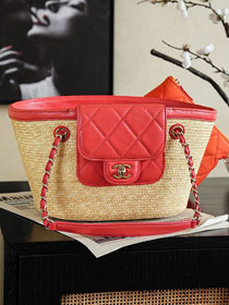 CC straw small tote bag AS5951 beige&red