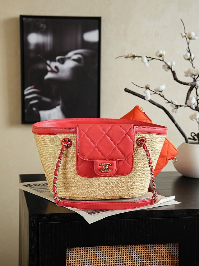 CC straw small tote bag AS5951 beige&red
