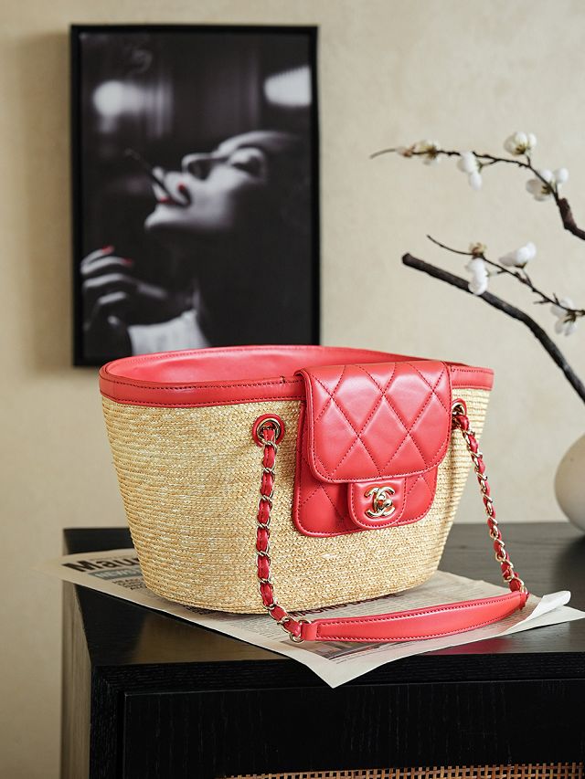 CC straw small tote bag AS5951 beige&red