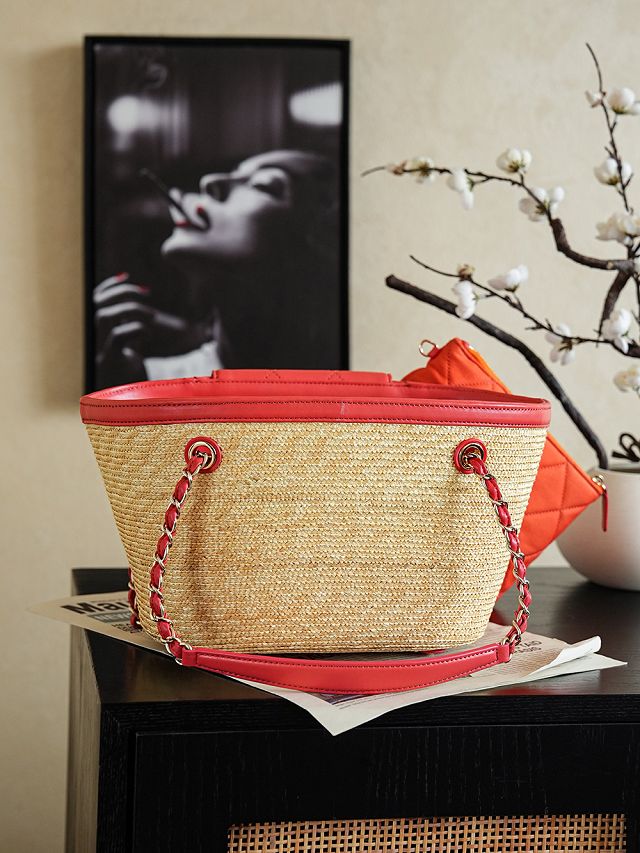 CC straw small tote bag AS5951 beige&red