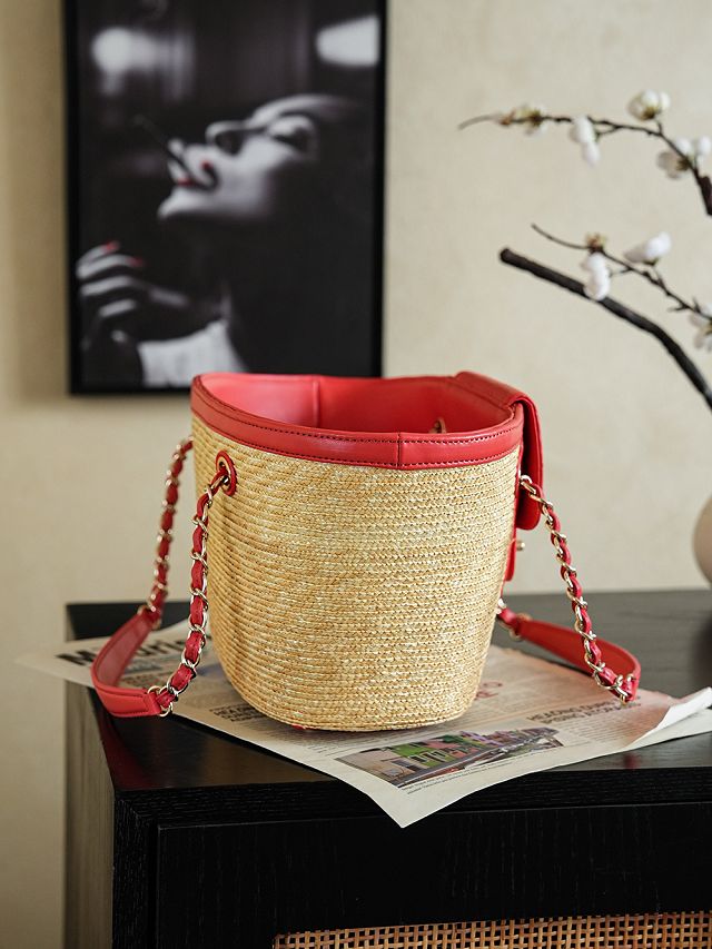 CC straw small tote bag AS5951 beige&red