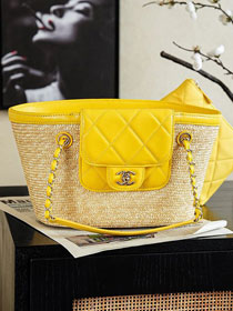 CC straw small tote bag AS5951 beige&yellow
