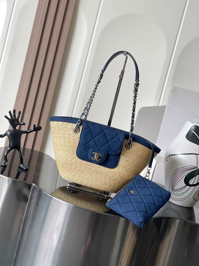 CC straw small tote bag AS5951 denim blue
