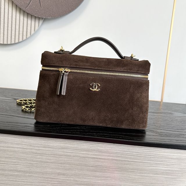 CC suede calfskin large vanity with chain AP5347 dark brown