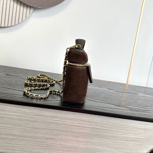 CC suede calfskin small vanity with chain AP5346 dark brown