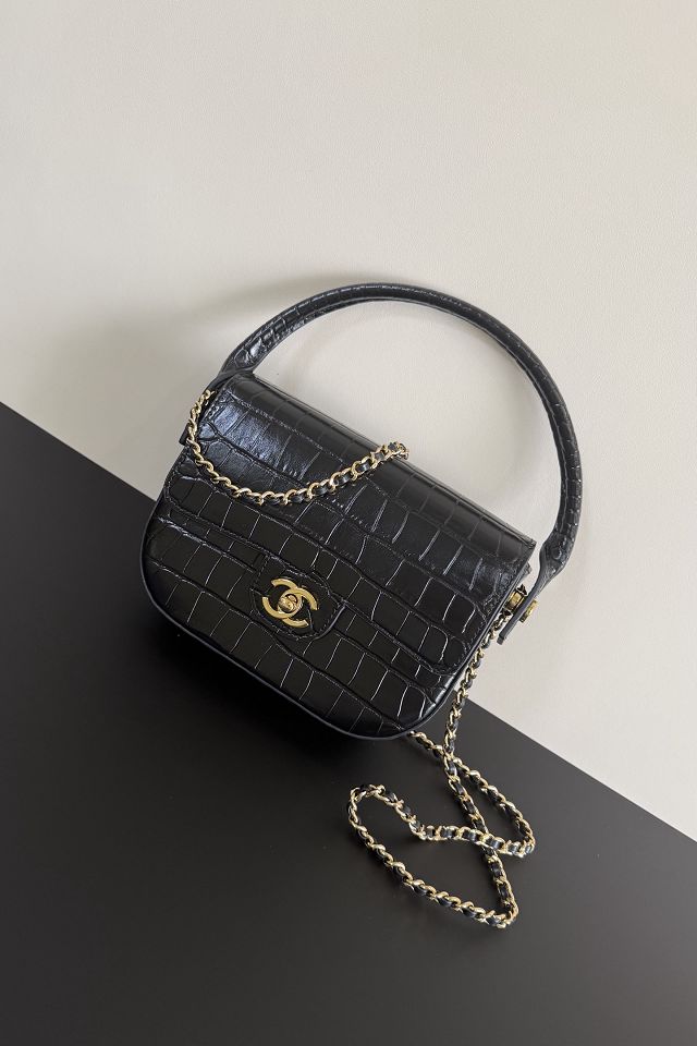 CC crocodile calfskin top handle mini flap bag AS6424 black