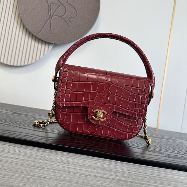 CC crocodile calfskin top handle mini flap bag AS6424 bordeaux