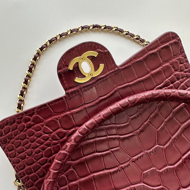 CC crocodile calfskin top handle mini flap bag AS6424 bordeaux