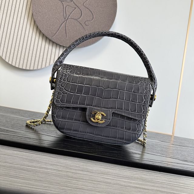 CC crocodile calfskin top handle mini flap bag AS6424 grey
