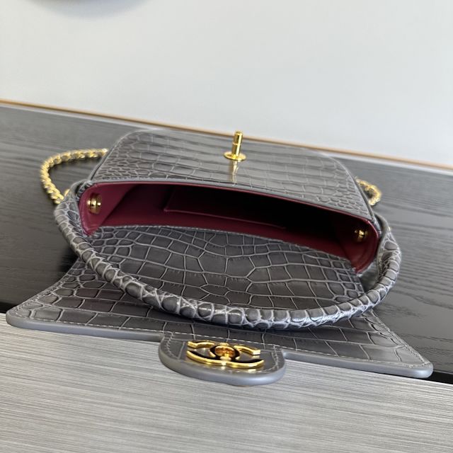 CC crocodile calfskin top handle mini flap bag AS6424 grey