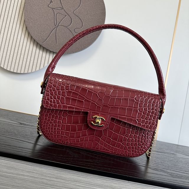 CC crocodile calfskin top handle small flap bag AS6425 bordeaux