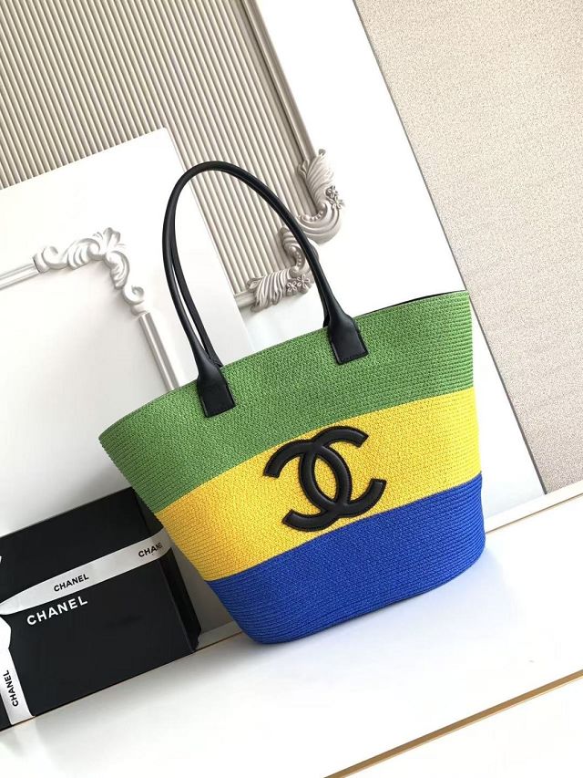 CC raffia large shopping bag AS6148 blue&yellow&green