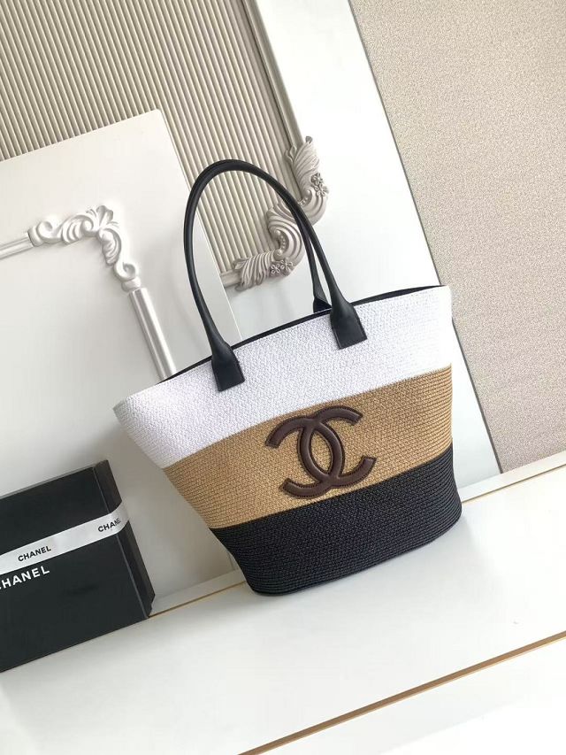 CC raffia large shopping bag AS6148 white&black&brown