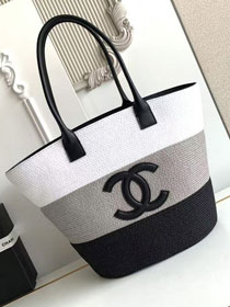 CC raffia large shopping bag AS6148 white&black&grey