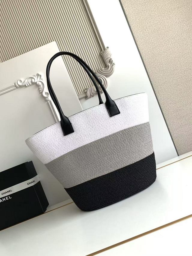 CC raffia large shopping bag AS6148 white&black&grey