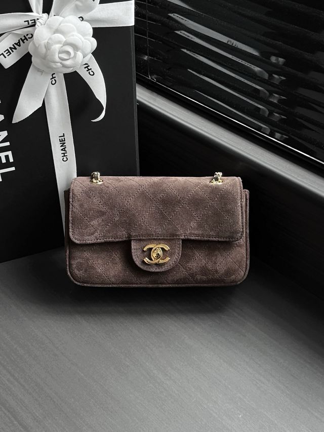 CC suede calfskin mini flap bag AS6626 dark brown