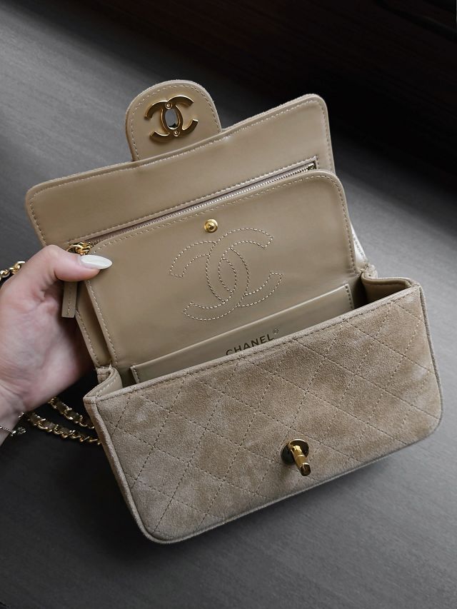 CC suede calfskin mini flap bag AS6626 light brown