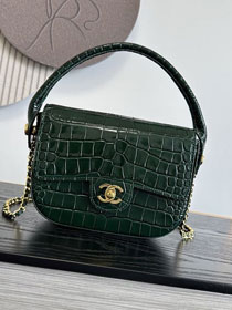 CC crocodile calfskin top handle mini flap bag AS6424 green