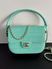 CC crocodile calfskin top handle mini flap bag AS6424 mint green
